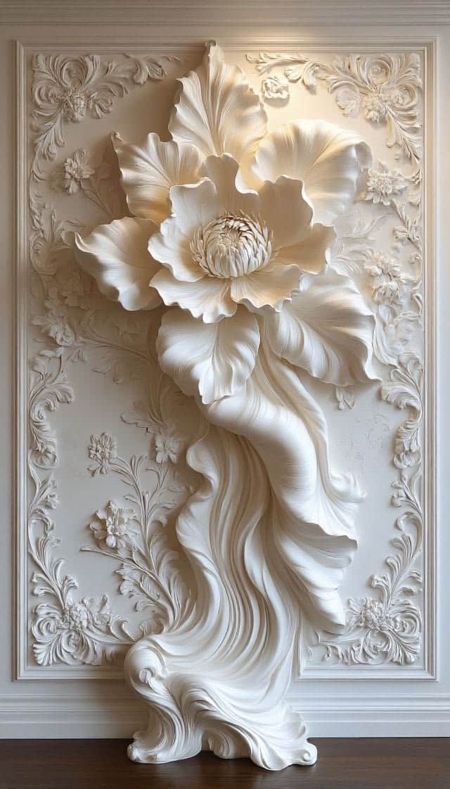 A rectangular, off-white decorative wall panel featuring a high-relief sculpture. The central motif… — 3D model