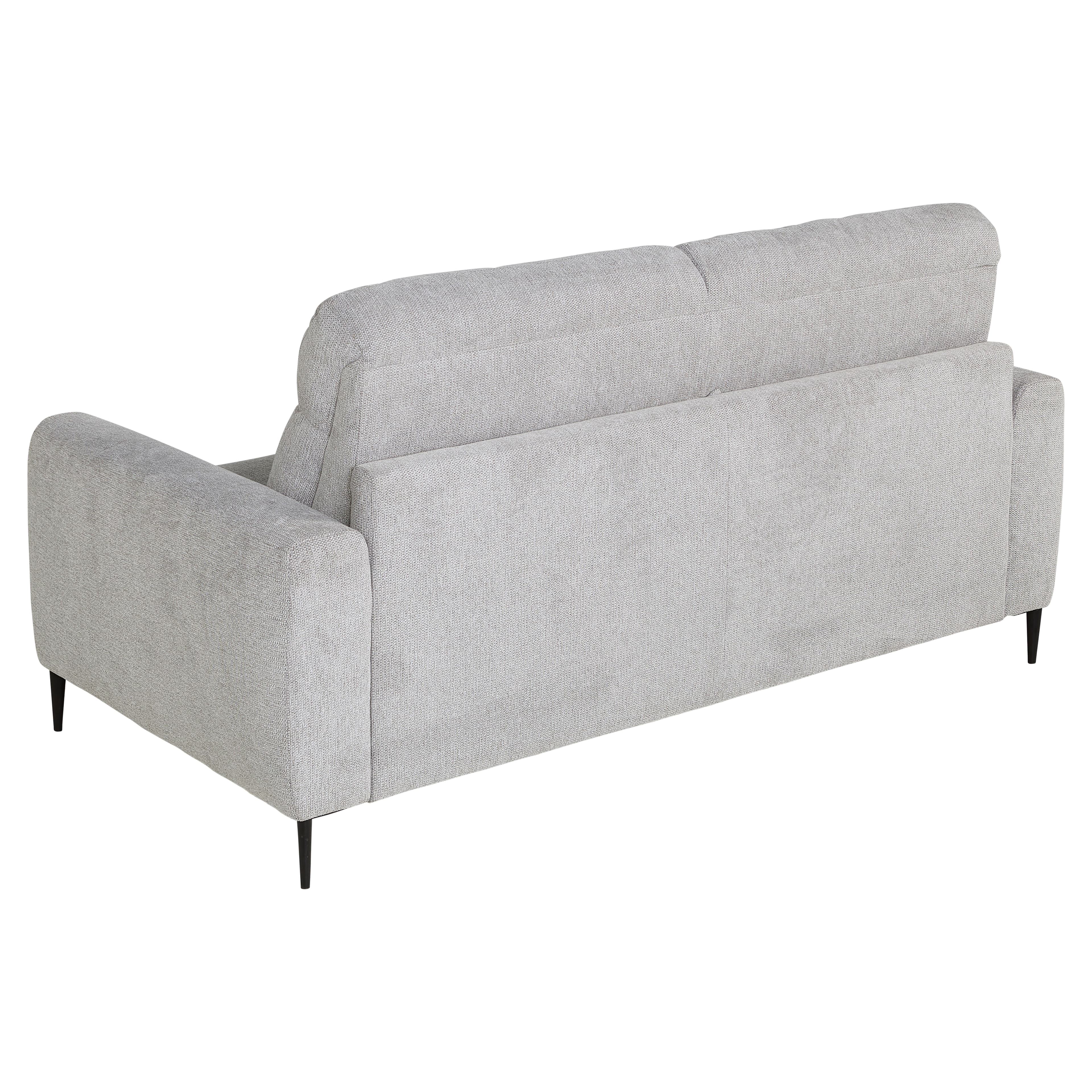 A light grey upholstered three-seater sofa featuring a minimalist contemporary design. It has wide, gently rounded track arms, two loose back cushions, and four slender, tapered black legs. The upholstery is a subtly textured fabric. — 3D model