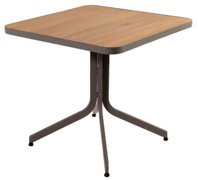 A square outdoor cafe table featuring a light brown slatted wooden top with rounded corners, support… — 3D model