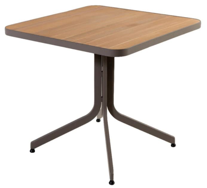 A square outdoor cafe table featuring a light brown slatted wooden top with rounded corners, supported by a dark gray/bronze powder-coated metal frame with three splayed legs. — 3D model