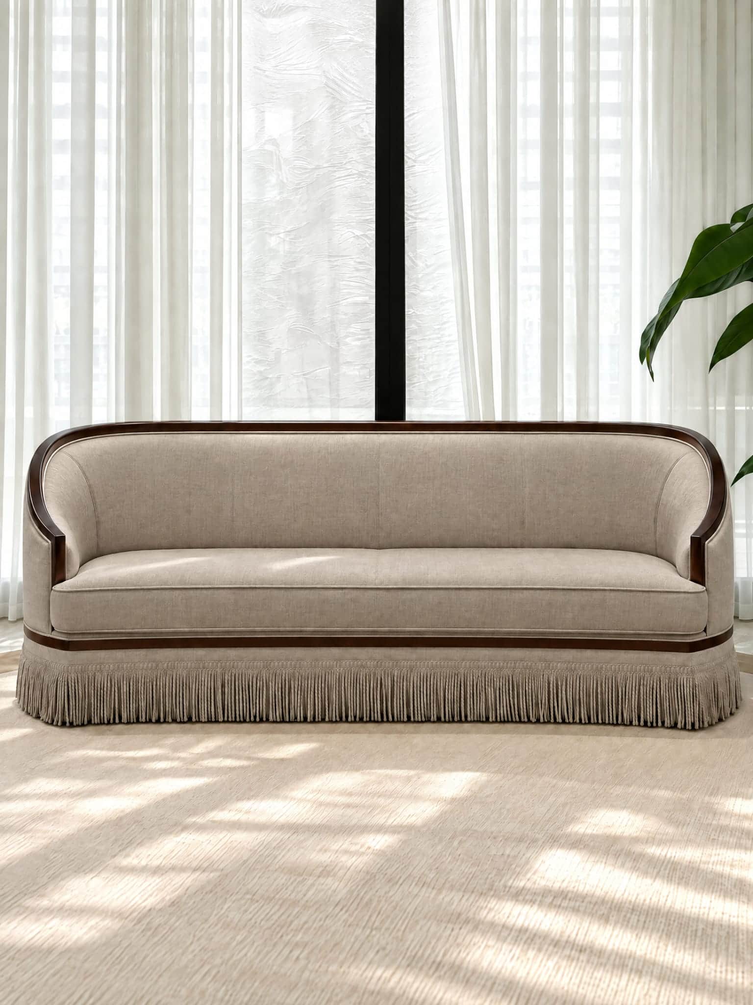 A traditional barrel back sofa featuring a continuous curved back and arms, an exposed dark wood fra… — free STL 3D model