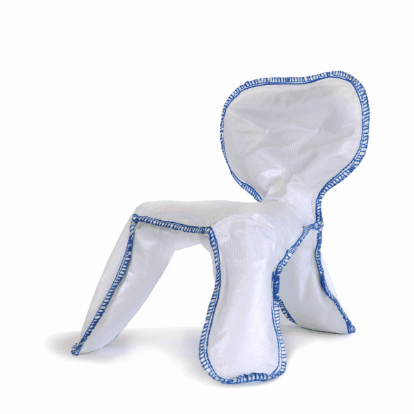 A modern, armless chair constructed from white synthetic fabric with prominent blue serged edges. The chair exhibits a fluid, organic form, appearing to be soft-bodied or inflatable, with an integrated seat and backrest. It rests on four distinct, broad leg-like extensions that flow from the main body, suggesting a lightweight and playful design. — 3D model
