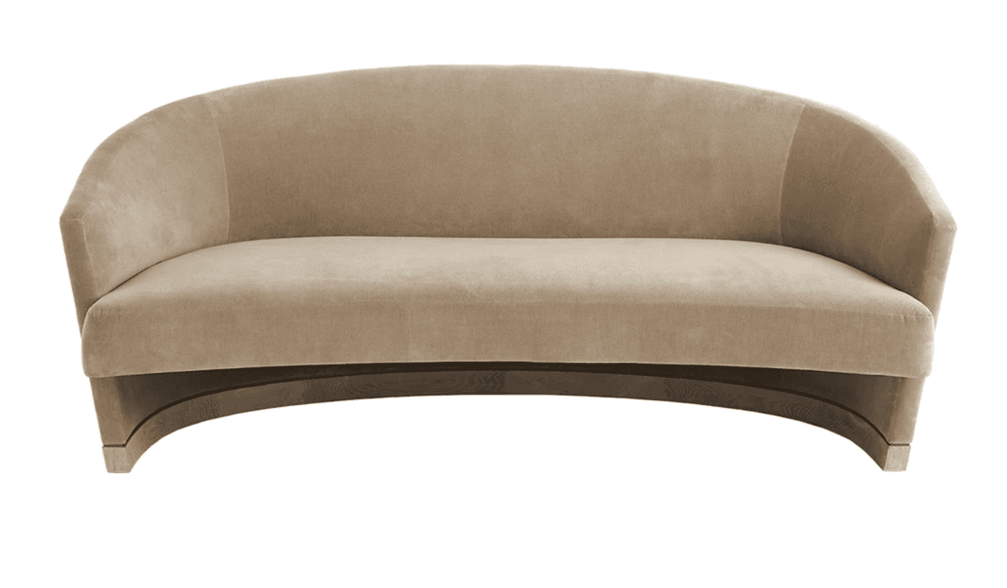 A modern, curved sofa upholstered in a light beige velvet fabric. The sofa features a distinctive se… — 3D model