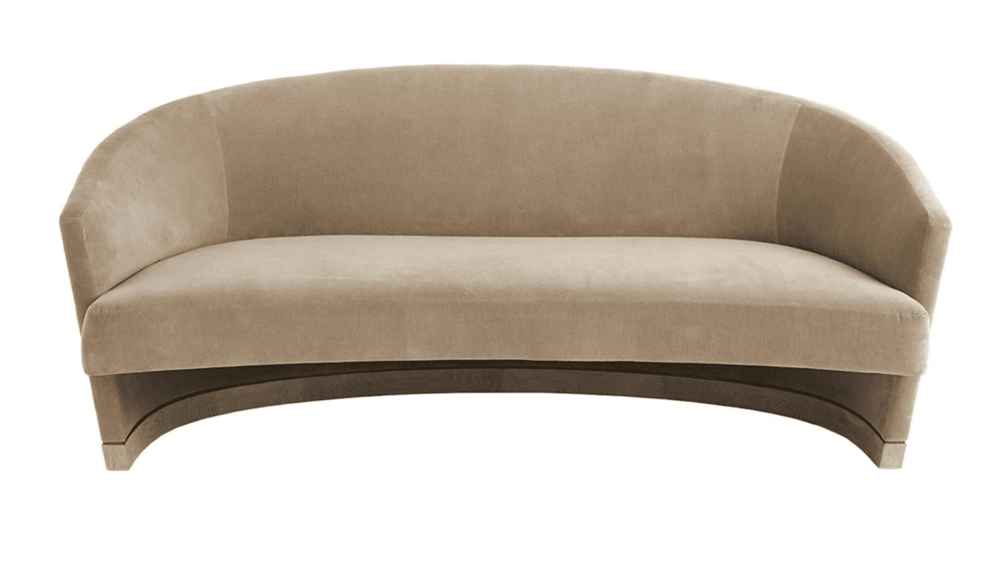 A modern, curved sofa upholstered in a light beige velvet fabric. The sofa features a distinctive semi-circular backrest that wraps around to the armrests. It is supported by a visible, curved wooden base that follows the contour of the sofa, with lighter wood accents at the base of the legs. The overall design is elegant and contemporary. — 3D model
