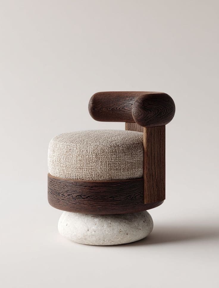 A uniquely designed accent chair with a cylindrical upholstered seat, a dark wood cylindrical base, and integrated armrests. The chair is supported by a large, smooth, light-colored stone element. — 3D model