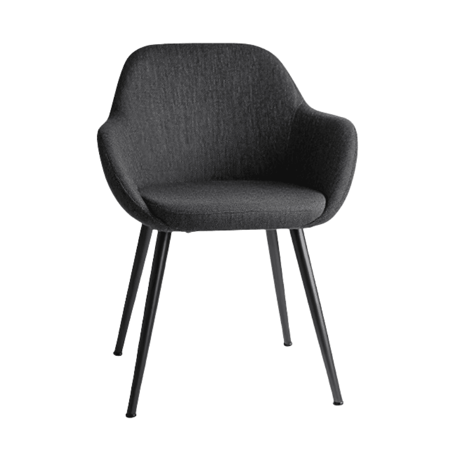 A modern upholstered chair with a curved back and integrated armrests, supported by slender black metal legs. — 3D model