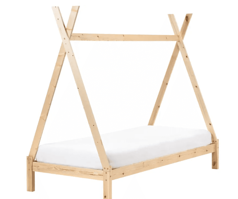 A light-colored wooden bed frame designed with a teepee-style upper structure, featuring a simple slatted mattress support and a plain white mattress. — 3D model