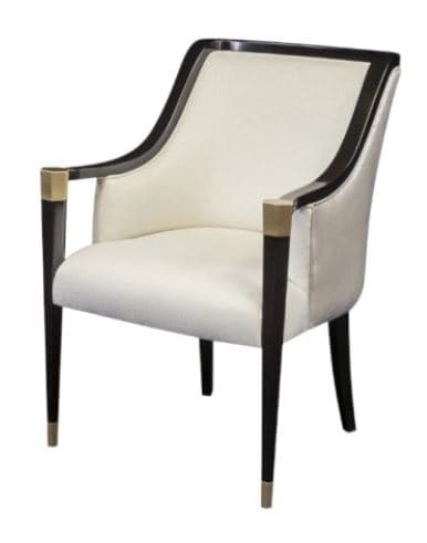 An elegant armchair featuring an exposed dark wood frame with a curved backrest and straight tapered legs. The seat and back are upholstered in a light-colored fabric, likely off-white or cream. Brass accents are visible on the top of the armrests and as ferrules on the tips of the front legs. The chair has a refined, classic, possibly Art Deco or Hollywood Regency aesthetic. — 3D model