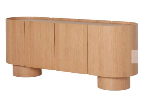A credenza with a rounded, capsule-like form. It features four cabinet doors that align with the ove… — 3D model