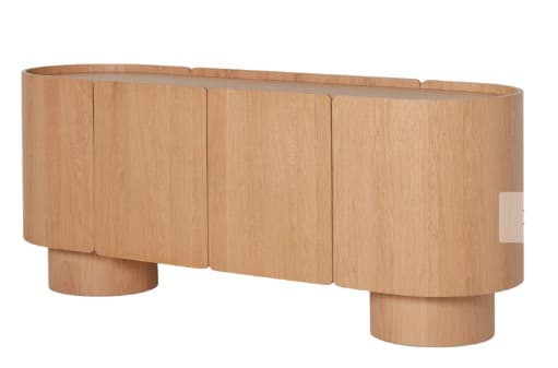 A credenza with a rounded, capsule-like form. It features four cabinet doors that align with the overall curved aesthetic. The piece is supported by two cylindrical pedestals at either end. The design incorporates clean lines with subtle curves, suggesting a modern or contemporary style. — 3D model