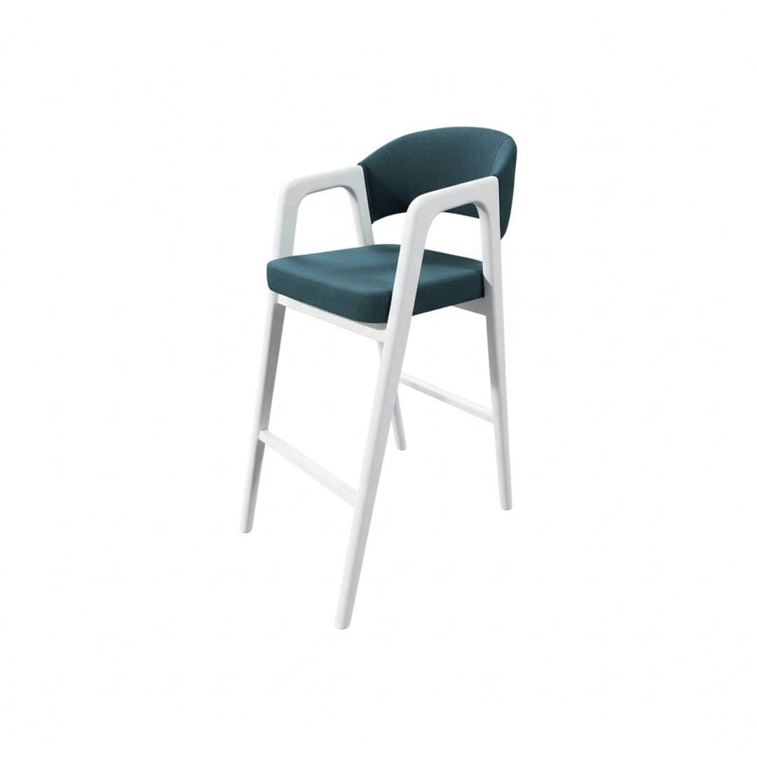 A modern bar stool with a white frame and a teal upholstered seat and backrest. The frame is constru… — free GLTF 3D model