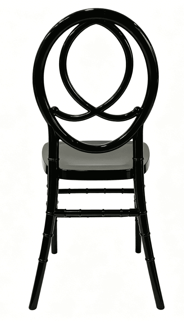 A glossy black Napoleon-style dining chair, featuring an ornate backrest with interlocking circular… — 3D model