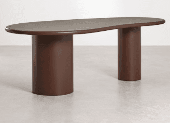 A modern, freeform desk with a dark brown, matte finish. It features an asymmetrical, organic-shaped tabletop supported by two cylindrical legs of varying heights. The larger leg is positioned towards the left, and the smaller leg is towards the right, creating a dynamic visual effect. — 3D model
