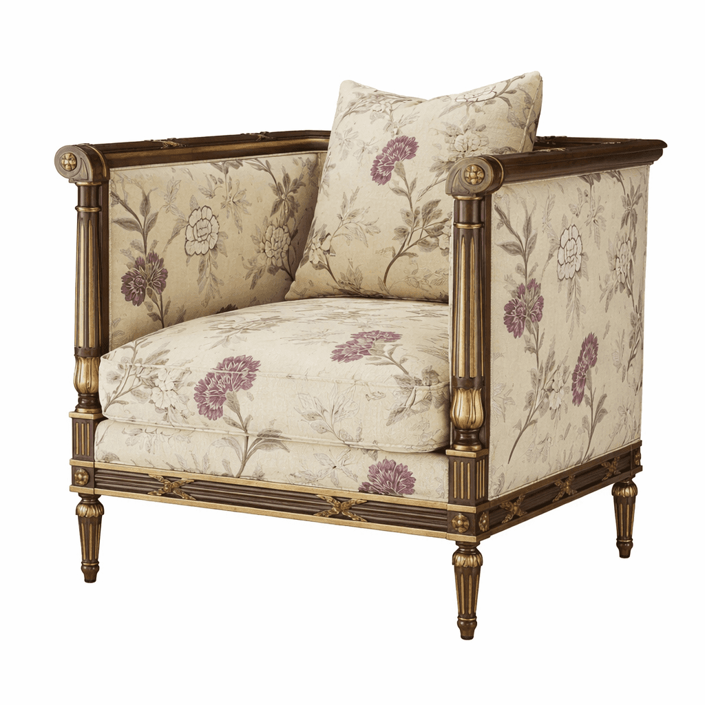 An armchair with a floral upholstered seat, back, and sides, featuring a decorative throw pillow. Th… — free BLEND 3D model