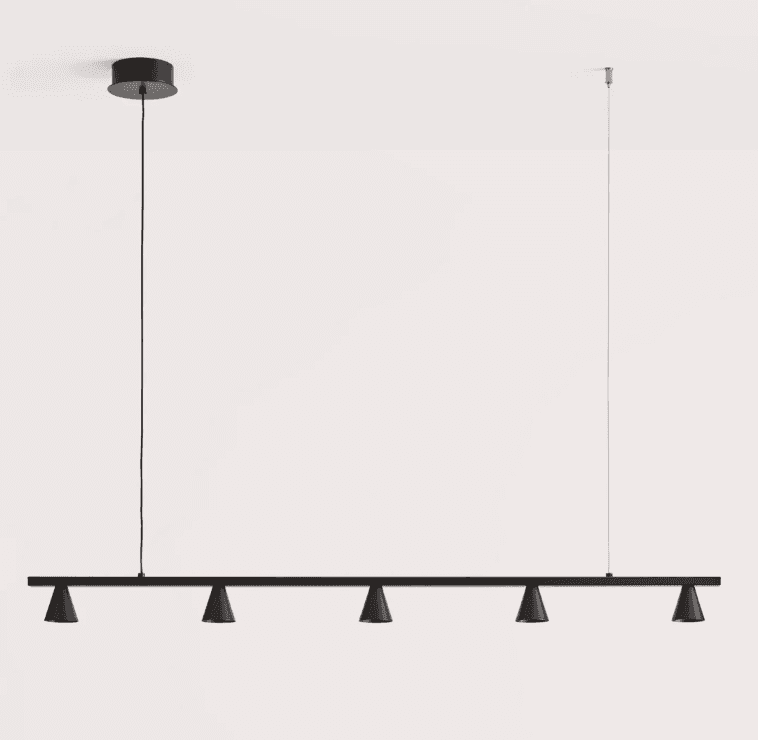A modern, minimalist linear pendant light fixture featuring a long, matte black bar with five integr… — 3D model