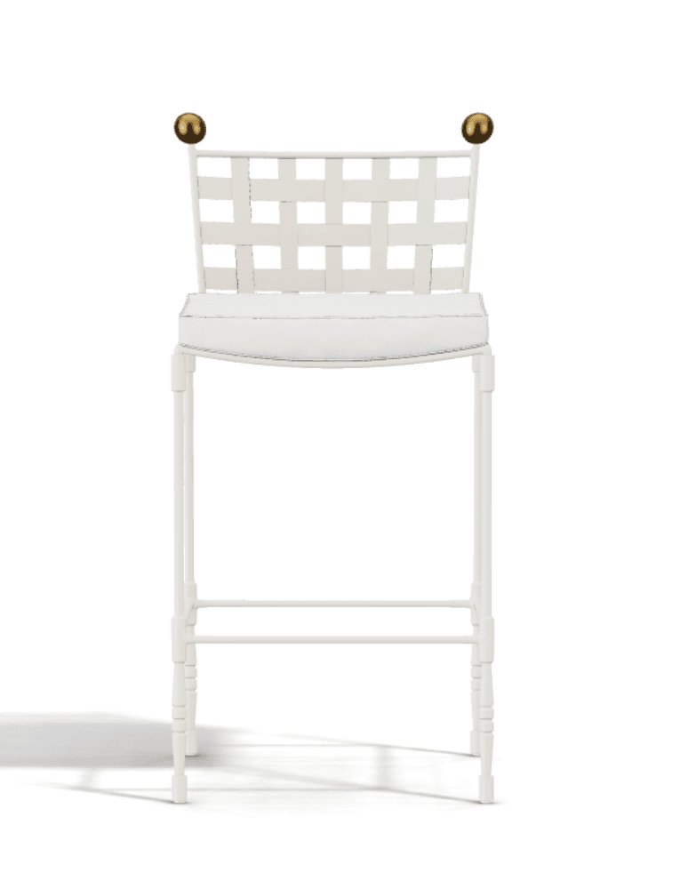 A white bar stool featuring a backrest constructed from wide interwoven straps, a cushioned seat, and decorative brass finials on the back posts. The frame is slender and includes an integrated footrest. — 3D model