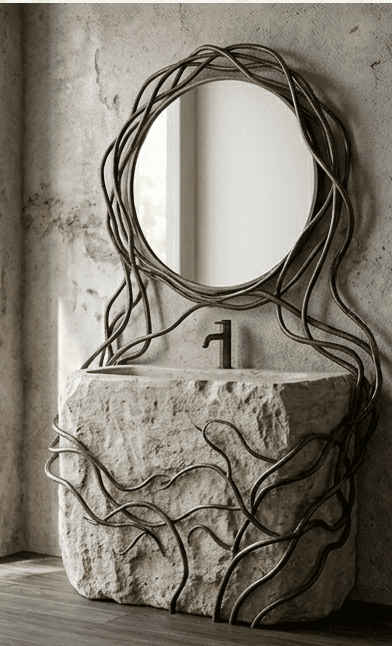 A unique bathroom vanity featuring a rough-hewn stone block serving as the base and integrated sink,… — 3D model