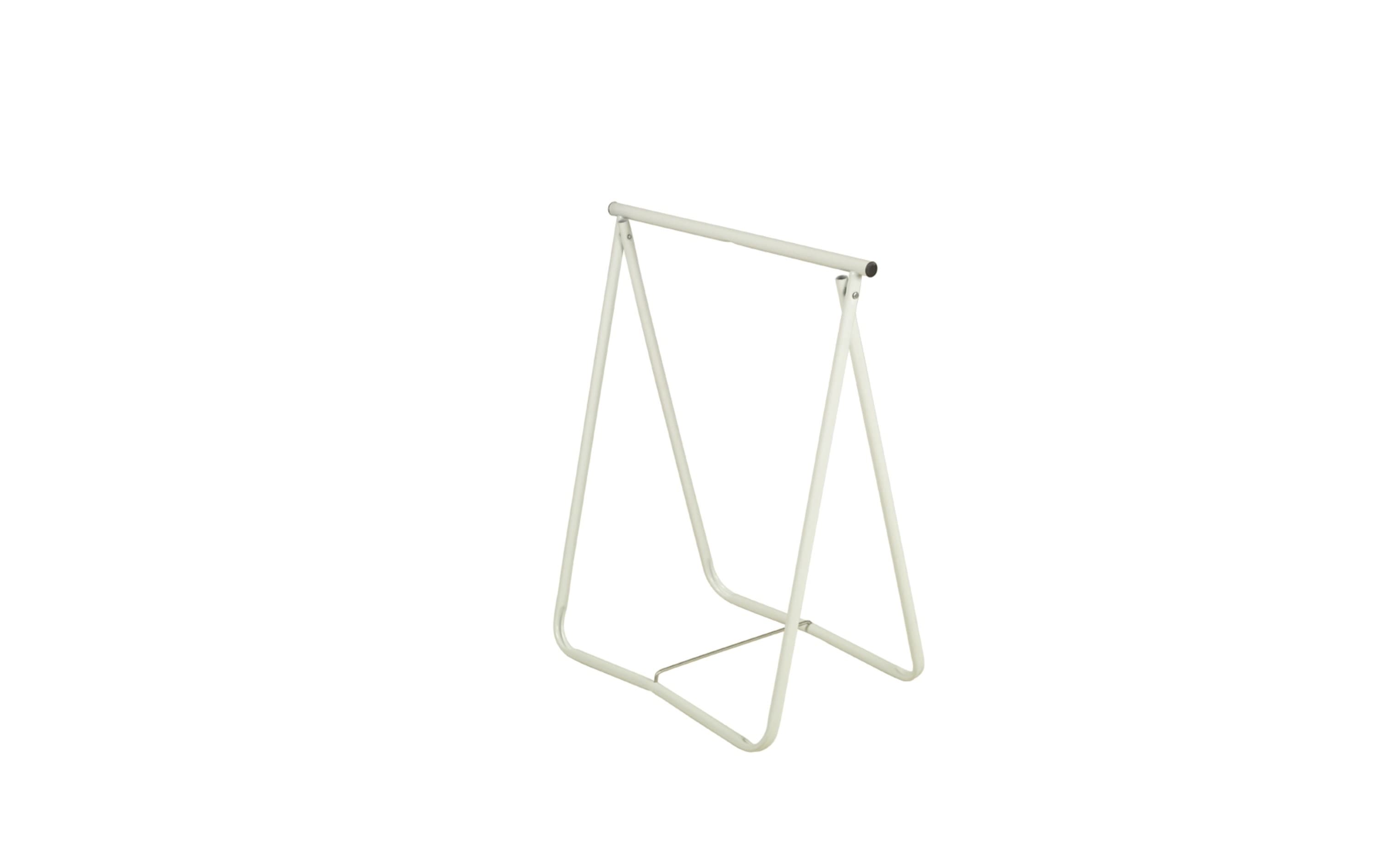 A minimalist A-frame garment rack made from off-white painted metal tubing, featuring a single horizontal bar for hanging clothes and a stabilizing crossbar near the base. — 3D model