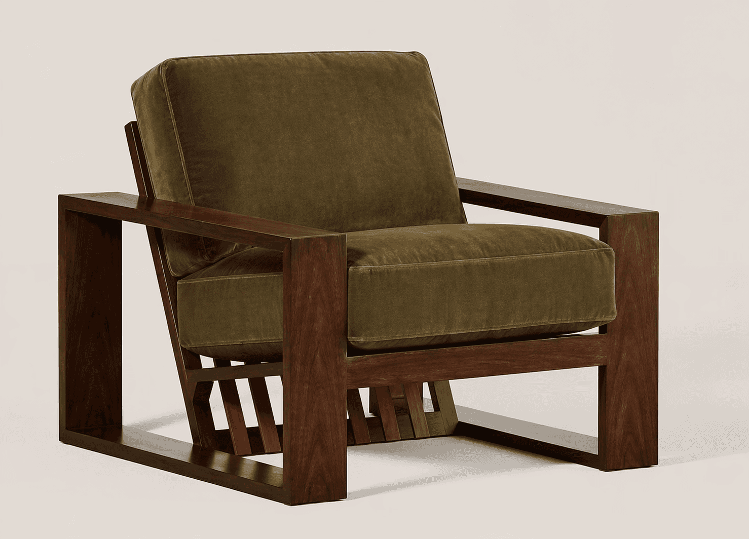 A contemporary armchair with a robust wooden frame and plush velvet upholstery. The frame features a… — free OBJ 3D model