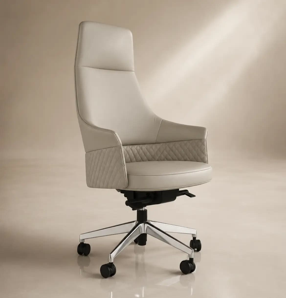 A high-backed executive office chair featuring light beige upholstery, possibly leather or high-quality faux leather. The chair has integrated armrests with a distinctive diamond-quilted pattern on their exterior sides. It is supported by a five-star polished metal base equipped with casters for mobility and an adjustable swivel mechanism visible beneath the seat. The backrest is tall and provides ample support, indicating an ergonomic design suitable for prolonged use. — 3D model