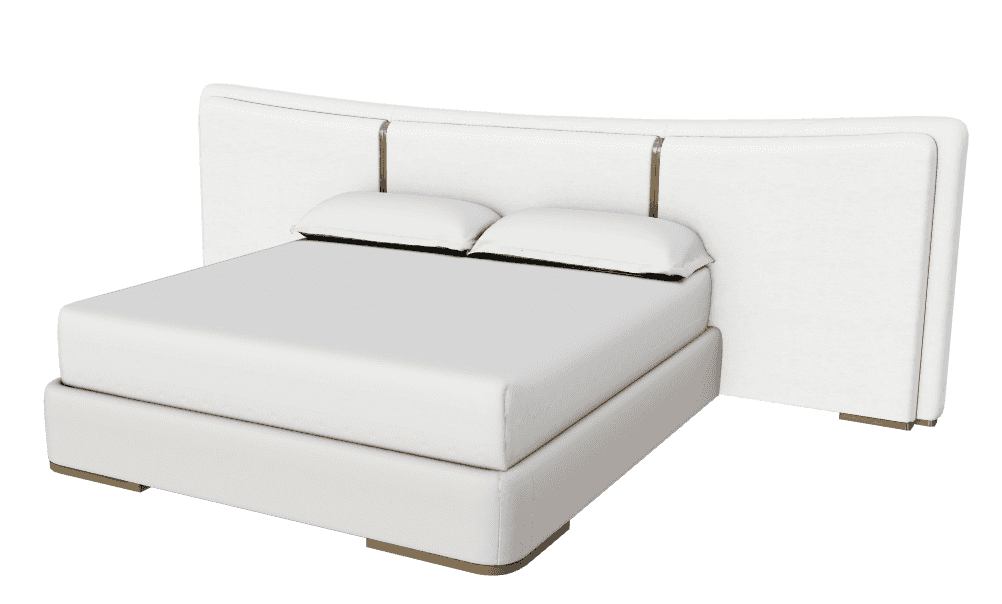 A modern upholstered bed with a striking curved headboard extending to the sides. The headboard is p… — free OBJ 3D model