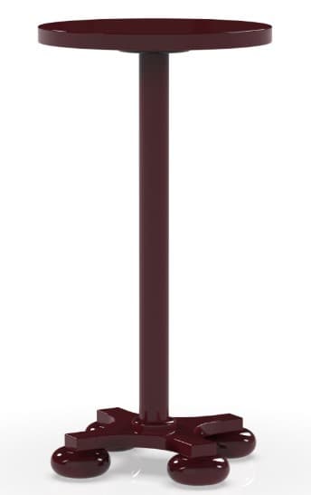A tall, slender pedestal table featuring a circular top and a distinctive four-lobed base, rendered in a glossy maroon finish. The table has a minimalist, modern aesthetic with a smooth, uniform color throughout its construction. Its single, cylindrical column connects the top to the elaborate base, which terminates in four rounded feet. — 3D model