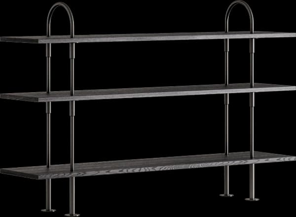A three-tiered open shelving unit featuring dark, possibly grey-stained wooden shelves with visible grain. The support structure is made of dark metal rods, which pass vertically through the shelves, connecting them. The top section of the metal frame forms two distinctive inverted U-shaped arches, adding a unique design element. The unit's aesthetic is contemporary with strong industrial influences. — 3D model