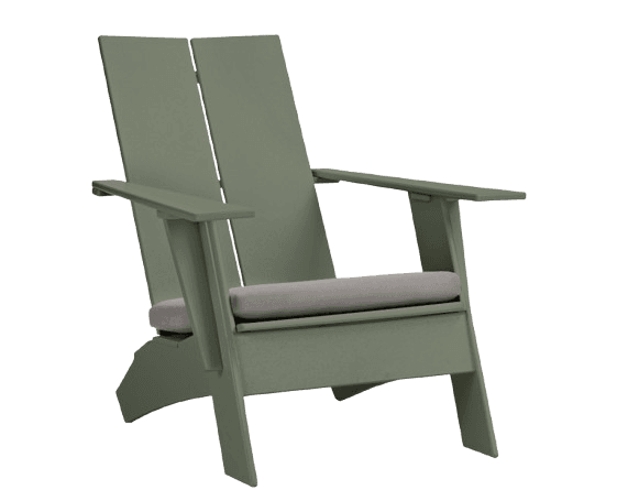 A modern armchair with a high, slatted backrest and wide armrests. It features a low-profile seat with a cushion and a robust, angular base designed for outdoor use. The overall design is clean and contemporary, with a focus on geometric lines. — 3D model