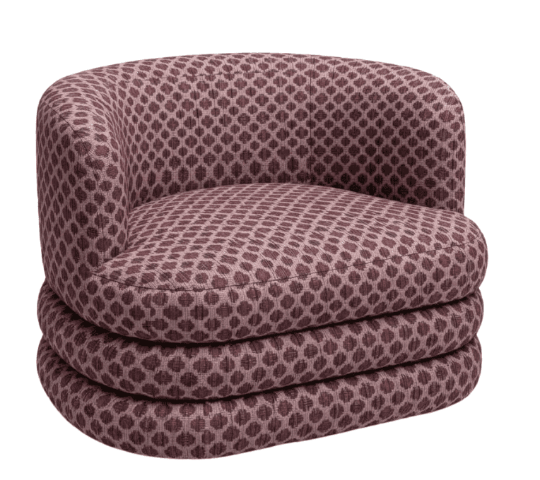 A low-slung, contemporary club armchair featuring a rounded backrest and a distinctive base composed… — 3D model
