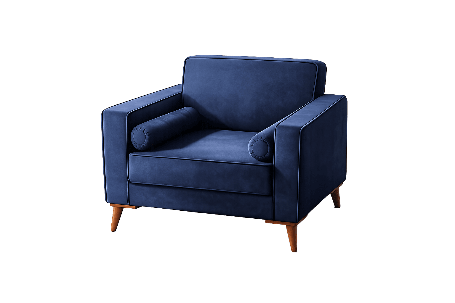 A modern upholstered armchair featuring a deep navy blue velvet fabric. The chair has a boxy, contem… — 3D model