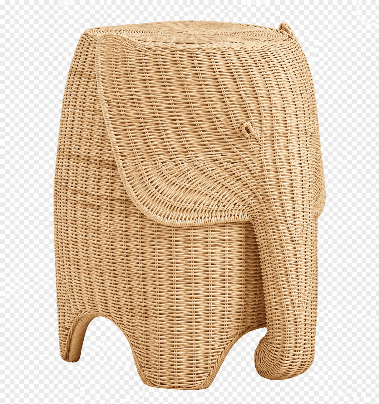 A light brown, natural wicker or rattan storage basket crafted in the shape of an elephant, featurin… — 3D model