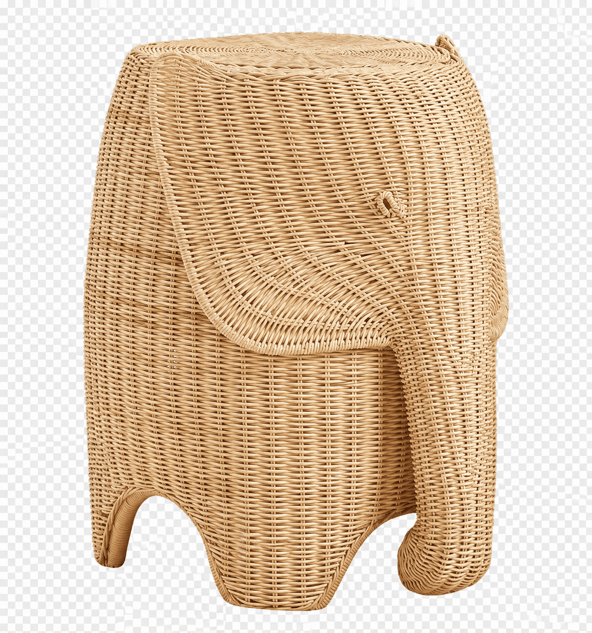 A light brown, natural wicker or rattan storage basket crafted in the shape of an elephant, featuring a removable lid that forms the top of the elephant's head and back. The design includes a curved trunk, distinct ear shapes, and four stout legs, all meticulously hand-woven. — 3D model