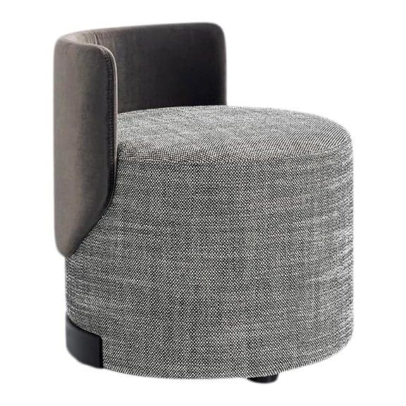 A contemporary cylindrical accent chair featuring a partial, curved backrest. The main body is upholstered in a light grey textured fabric, while the backrest is upholstered in a darker, smooth grey fabric. It rests on a black plinth base, giving it a minimalist and modern appearance. — 3D model