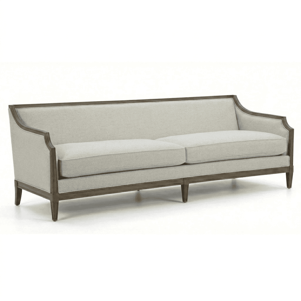 A three-seater sofa with a wooden frame and upholstered cushions. The frame has a distressed wood fi… — free GLTF 3D model