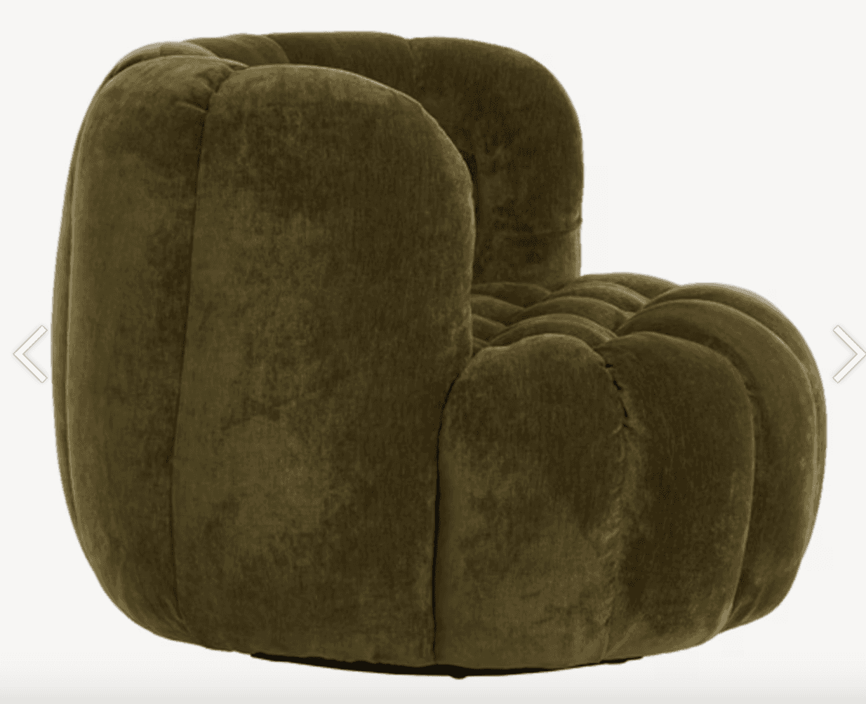A plush, channel-tufted lounge chair upholstered in olive green velvet, featuring a rounded, volumin… — 3D model