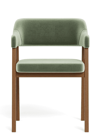 A modern armchair with a wooden frame and upholstered seat and backrest. The upholstery is a soft, t… — free GLTF 3D model
