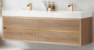 A modern wall-mounted double bathroom vanity featuring a light wood finish cabinet, an integrated wh… — 3D model