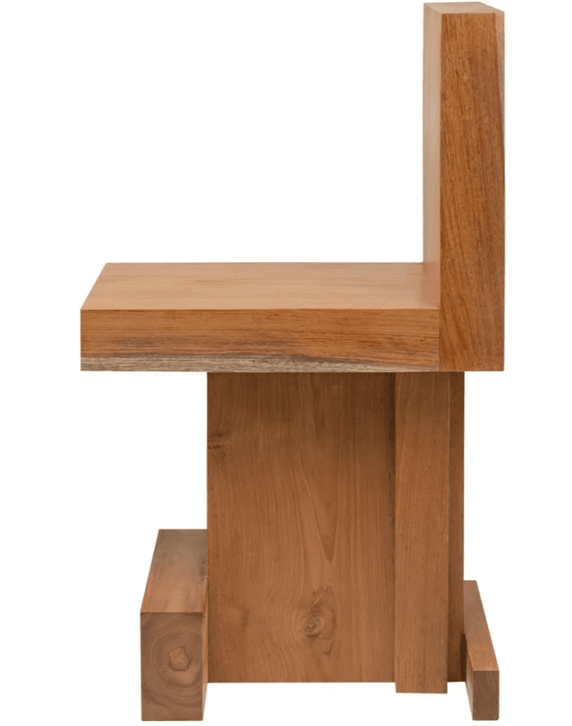 A blocky, armless chair constructed from solid wood, likely teak, featuring a minimalist and geometric design. The chair has a thick, rectangular seat and an upright, rectangular backrest, both seamlessly integrated. The base is formed by substantial, interlocking wooden blocks, giving the piece a monolithic and sculptural appearance. The wood displays a warm, medium brown color with prominent natural grain. — 3D model