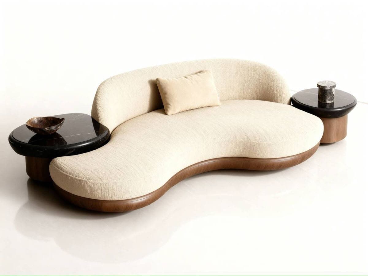 An organically shaped, cream-colored upholstered sofa featuring a sinuous, low-profile design. It is supported by a subtly visible wooden base and includes two integrated, round side tables with dark, possibly black marble tops, positioned at each end of the seating unit. A small, light-colored toss pillow rests on the main seating surface. — 3D model
