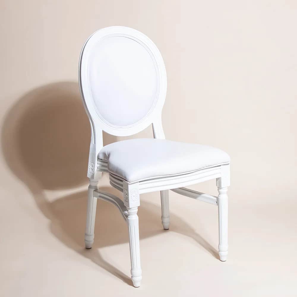 A white French Neoclassical style armless chair featuring an oval padded backrest and a rectangular… — 3D model