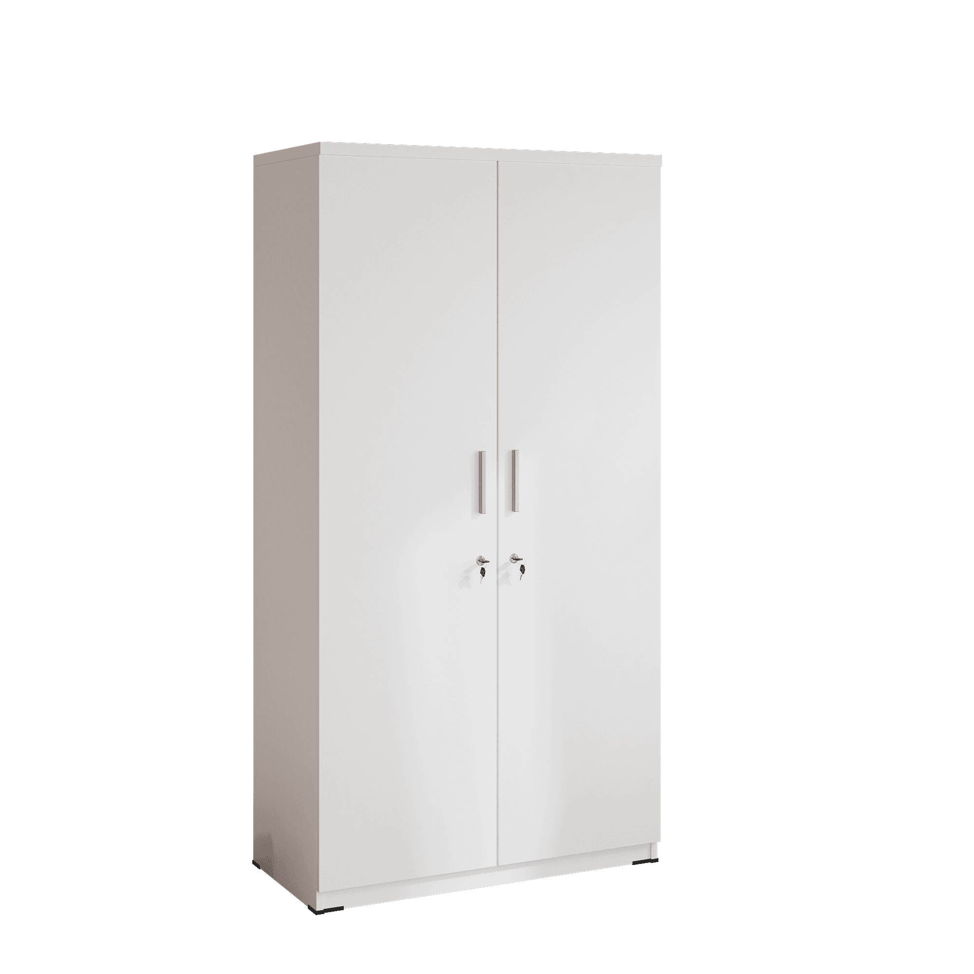A tall, rectangular white storage cabinet featuring two full-height hinged doors. The doors are equipped with silver-colored cylindrical pull handles and individual locking mechanisms, indicated by visible keyholes and keys. The cabinet has a minimalist, functional design and rests on a low, recessed base with small black feet. — 3D model