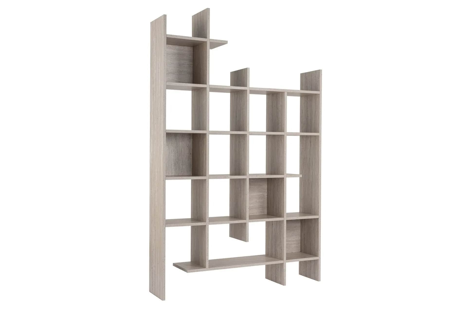 A modern, open-back bookshelf with an asymmetrical design. It features multiple vertical and horizon… — 3D model