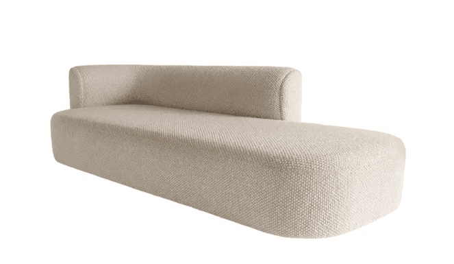 A contemporary sofa with an integrated chaise lounge. The sofa features a low profile and a distinctive curved backrest that extends into a straight armrest on one side. The upholstery has a textured weave. The overall form is minimalist and modern. — 3D model