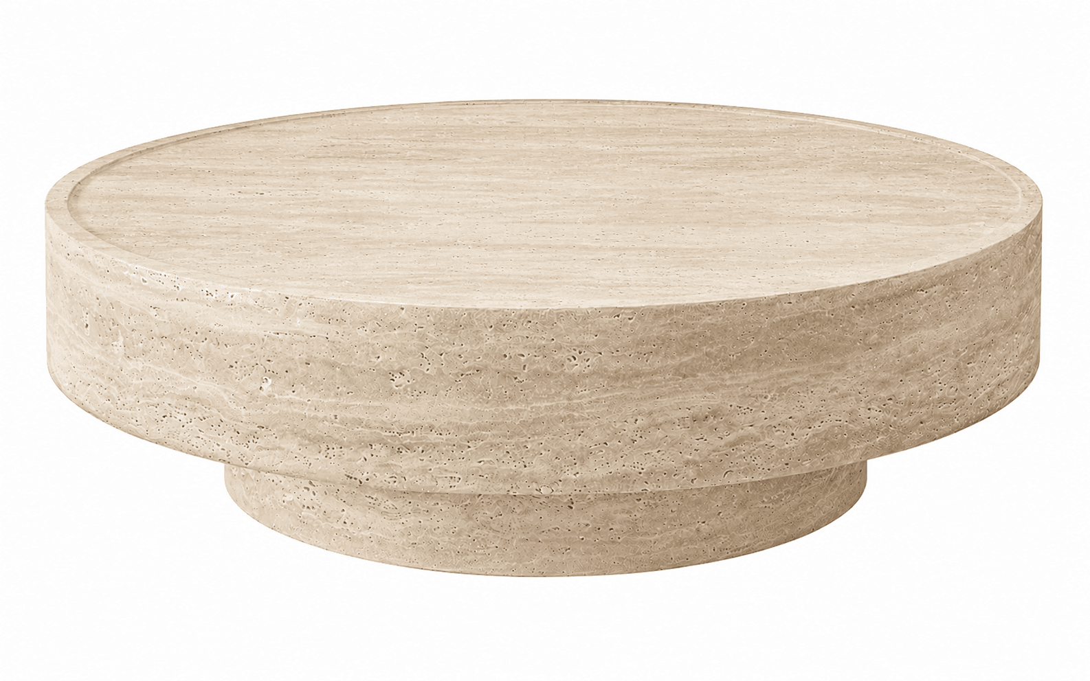 A low, round coffee table constructed from light-colored travertine, featuring a solid, cylindrical base and a slightly larger, circular top with a subtle raised lip. — 3D model