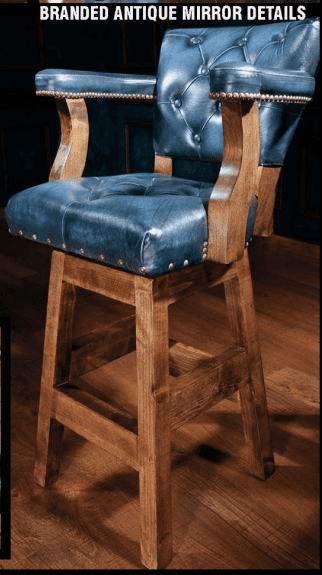 A traditional style bar stool featuring a sturdy wooden frame, blue tufted leatherette upholstery, a… — free SKP 3D model