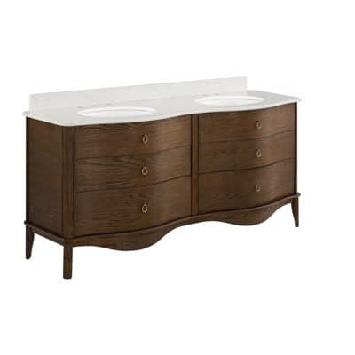 A long, double sink bathroom vanity featuring a dark brown wooden cabinet with a curved front design, six drawers, and a white engineered stone countertop with integrated ceramic undermount sinks. It stands on short, tapered legs. — 3D model