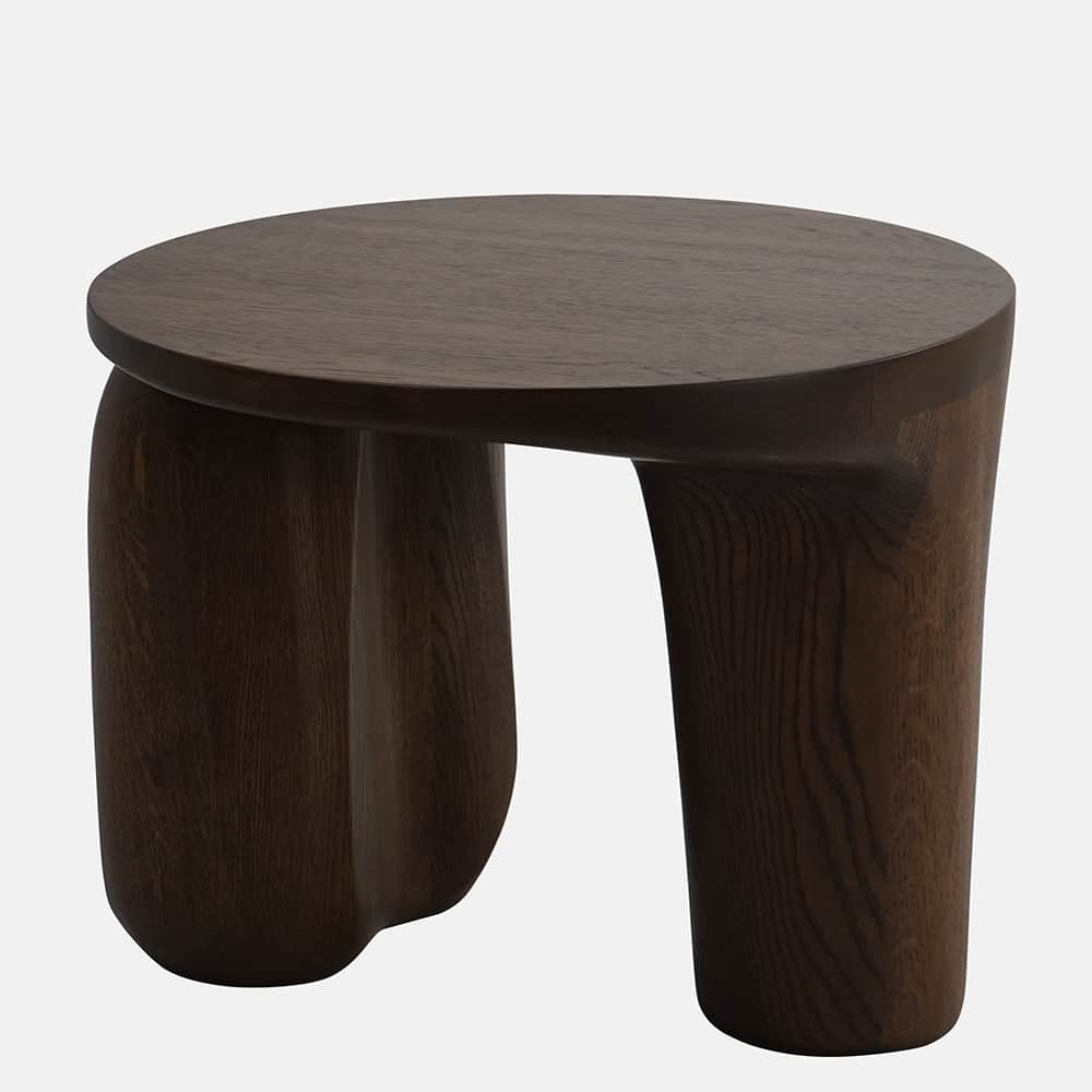 A dark brown wooden end table with a circular top and three organically shaped, curved legs that are… — 3D model
