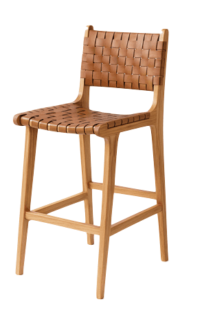 A modern bar stool with a wooden frame and a woven leather seat and backrest. The stool features fou… — free SKP 3D model