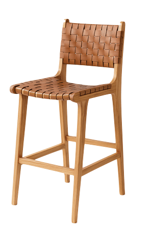 A modern bar stool with a wooden frame and a woven leather seat and backrest. The stool features four tapered legs connected by stretchers for stability. The seat and backrest are constructed from interlaced strips of brown leather. — 3D model