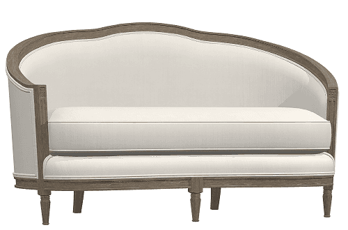 A two-seater sofa with a curved back and upholstered seat and backrest. The sofa features a visible wooden frame with carved details on the arms and legs. The upholstery is a light, neutral color, likely off-white or cream. — 3D model